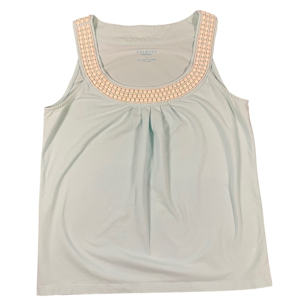 Talbots Turquoise Pleated Sleeveless Top Size Small Beaded Trim Coquette Classic